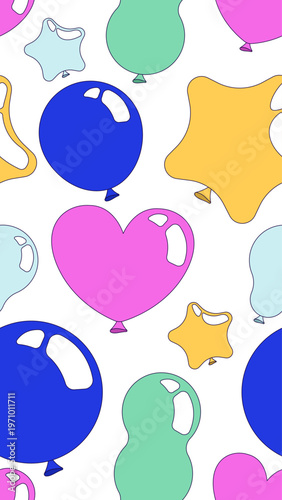 Balloons party vertical seamless pattern illustration. Heart star baloons. Repeat fill background. Social media overlay for stories and reels. Flat cartoon 2D graphic design. Endless repetition