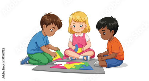 Three diverse children are sitting together on a grey mat, happily assembling a colorful large-piece puzzle on a white background.
