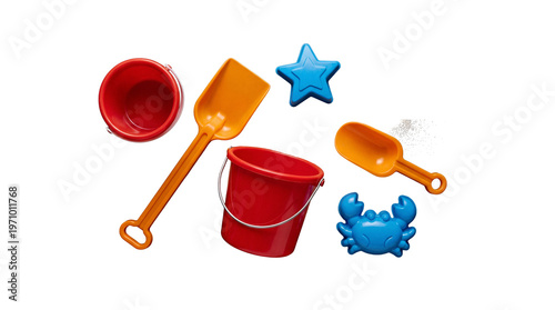 Εκτύπωση καμβά Top view of sand buckets, shovels and animal molds cutout on transparent backgro