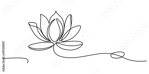 A minimalist single line drawing of a blooming lotus flower on a plain white background surface. Vector, illustration
