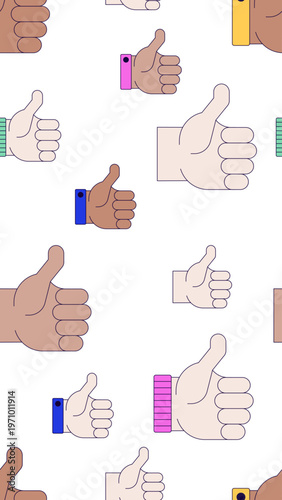 Social media thumbs up vertical seamless pattern illustration. Like support. Repeat fill background. Social media overlay for stories and reels. Flat cartoon 2D graphic design. Endless repetition