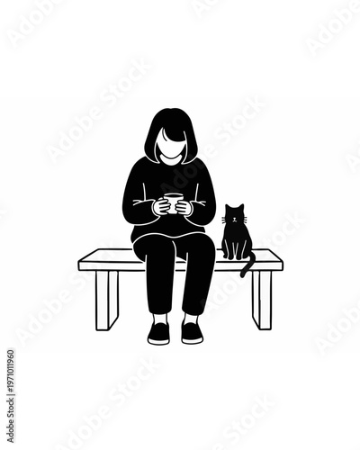 Monochrome illustration depicting a peaceful moment where a woman finds comfort and companionship with her beloved black cat on a simple bench, sharing a warm beverage