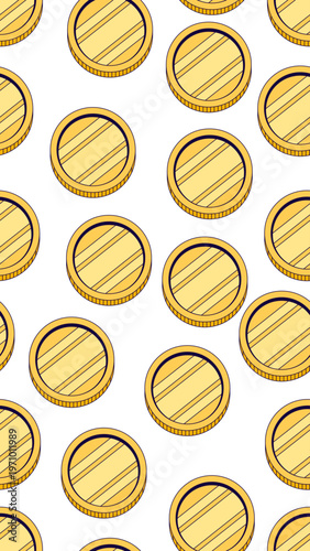 Shiny coins vertical seamless pattern illustration. Money finance. Game reward. Repeat fill background. Social media overlay for stories and reels. Flat cartoon 2D graphic design. Endless repetition