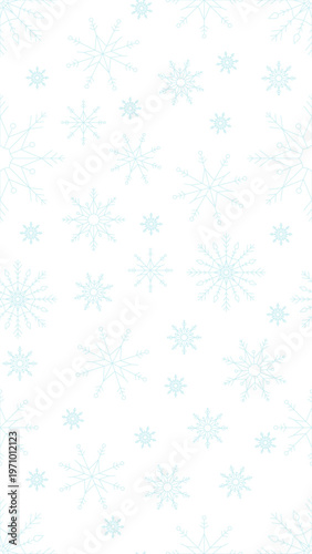 Snowflakes winter vertical seamless pattern illustration. December snowfall. Repeat fill background. Social media overlay for stories and reels. Flat cartoon 2D graphic design. Endless repetition