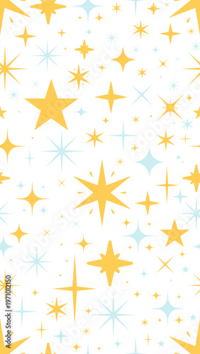 Stars sparkles vertical seamless pattern illustration. Celestial starbursts. Repeat fill background. Social media overlay for stories and reels. Flat cartoon 2D graphic design. Endless repetition