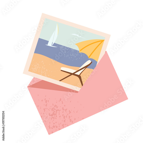 Beach postcard with envelope featuring seaside landscape, sun umbrella and sailboat. Vector illustration for travel design, vacation cards, summer branding, invitations, prints and social media