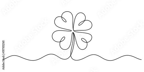Minimalist continuous single line drawing of a lucky four leaf clover on a white background Vector, illustration