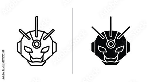 Contrasting helmet designs of a futuristic or mechanical warrior character