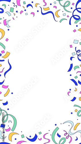 Confetti curling streamers vertical frame copy-space. Seamless pattern composition with copyspace. Decorative border background for social media stories. Vector illustration. Flat 2D cartoon style