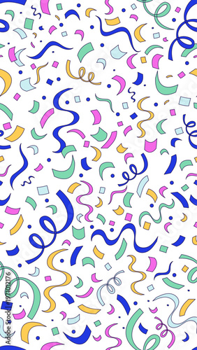 Confetti curling streamers vertical seamless pattern illustration. Surprise. Repeat fill background. Social media overlay for stories and reels. Flat cartoon 2D graphic design. Endless repetition