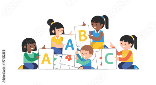 A group of diverse happy children are sitting together and playing with large alphabet and number flashcards, focusing on early education.