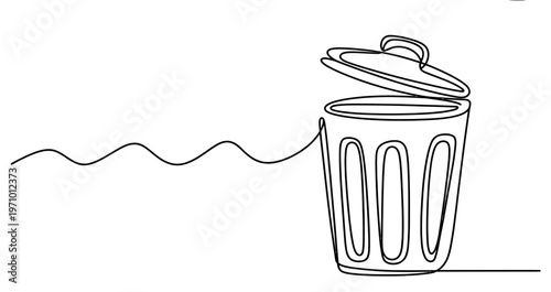A single continuous line drawing of a simple trash can with an open lid on a plain white background Vector, illustration