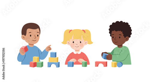 Three diverse children are sitting and playing happily with colorful wooden building blocks in this cheerful vector illustration.
