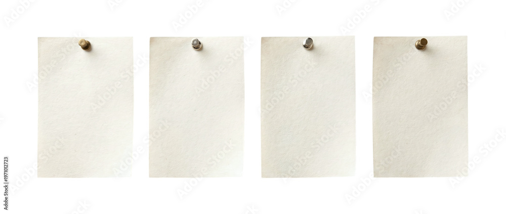 © Vitalo4ok - Four blank rectangular vintage paper notes attached with different metal pushpins on a transparent background