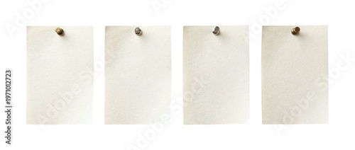 Four blank rectangular vintage paper notes attached with different metal pushpins on a transparent background