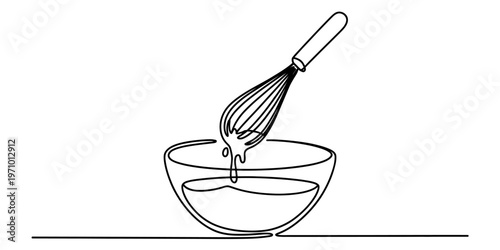 A single continuous line drawing of a kitchen whisk hovering over a glass bowl of liquid batter Vector, illustration