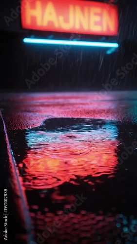 Rainy city street with neon sign and puddle reflections