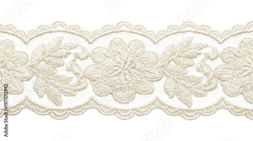 Obraz na płótnie Elegant white floral embroidered lace trim border with scalloped edge on a trans