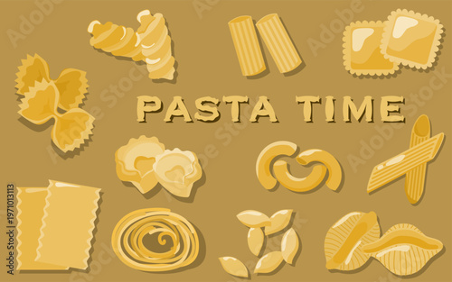 Pasta Time Italian Pasta Types Set Illustration. Includes farfalle, fusilli, rigatoni, ravioli, tortellini, campanelle, lasagne, tagliolini nidi, garganelli, cavatappi, orzo and conchiglie
