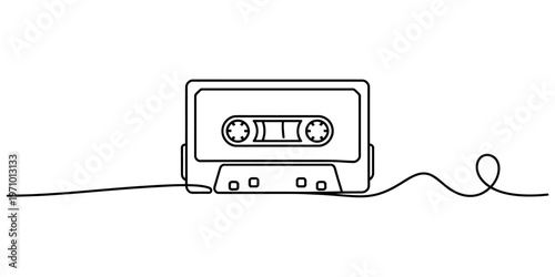 A minimalist single continuous line drawing of a vintage audio cassette tape on white background Vector, illustration