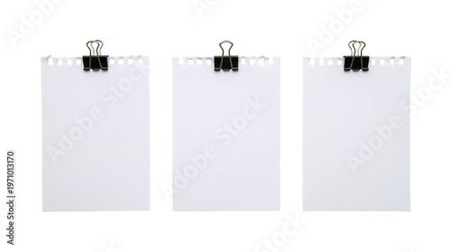 Bild auf Leinwand Three blank rectangular notebook paper sheets with torn perforated top edge held