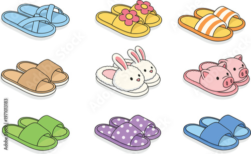 Comfortable indoor slippers and house shoes flat vector footwear set