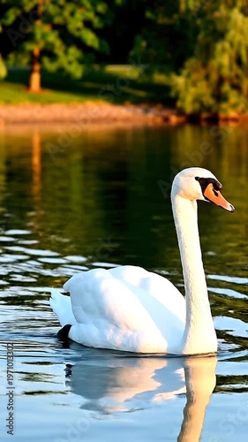 White mute swan swimming on the calm waters of Lake Erie at Presque Isle State Park in Pennsylvania during golden hour with vibrant reflections of trees and sunlight on ripples.