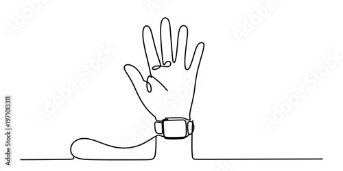 Minimalist single continuous line drawing of a human hand wearing a digital wristwatch accessory Vector, illustration