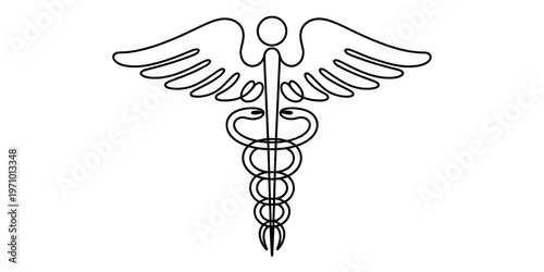 A minimalist black line art graphic of a caduceus symbol featuring wings and intertwined snakes Vector, illustration
