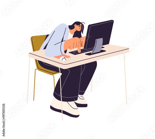 Exhausted employee works at computer. Office worker with fatigue and burnout is typing at the desk, workplace. Tired workaholic overloads and overworks. Flat isolated vector illustration on white