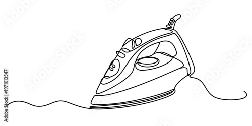 A single continuous line drawing of a household steam iron used for pressing clothes and laundry. Vector, illustration