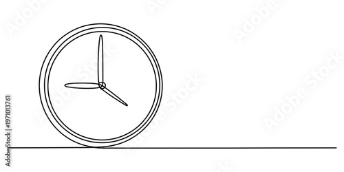 A simple black and white line drawing of a circular analog clock resting on a horizontal surface Vector, illustration