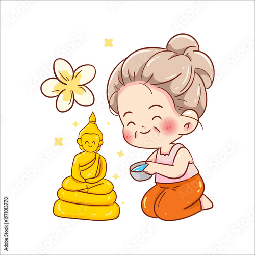 Songkran festival cartoon character vector elderly woman pouring water on Buddha statue for Thai New Year blessing