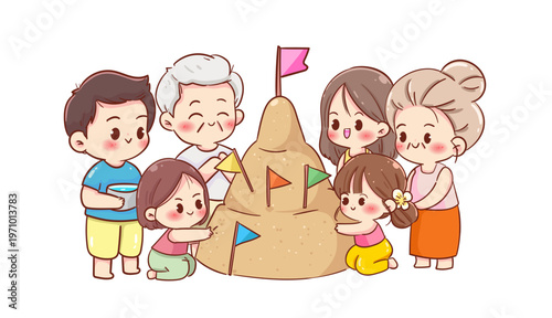 Songkran festival happy Thai family building sand pagoda together for Thai New Year celebration vector illustration