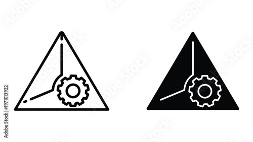 Contrast between a white and black triangular gear design with internal mechanics