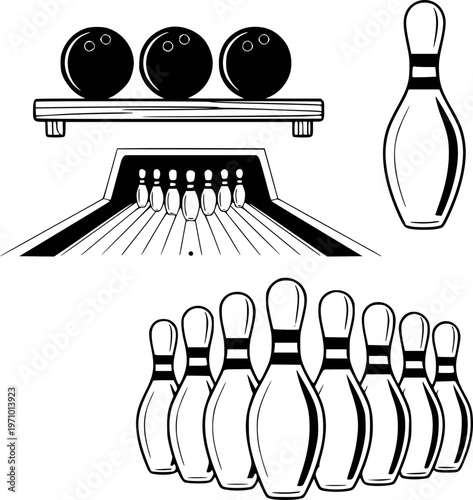 Black and white bowling pins and balls for sports and recreation