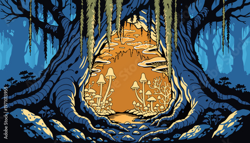 Enchanted ancient forest scene with a mysterious glowing tree hollow, filled with intricate mushrooms and hanging moss, bathed in an otherworldly light