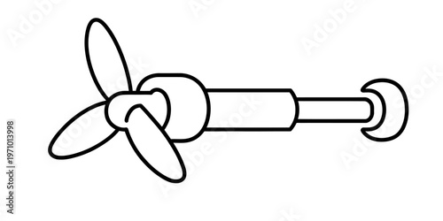 A simple black and white line drawing of a boat propeller connected to a long metallic shaft Vector, illustration