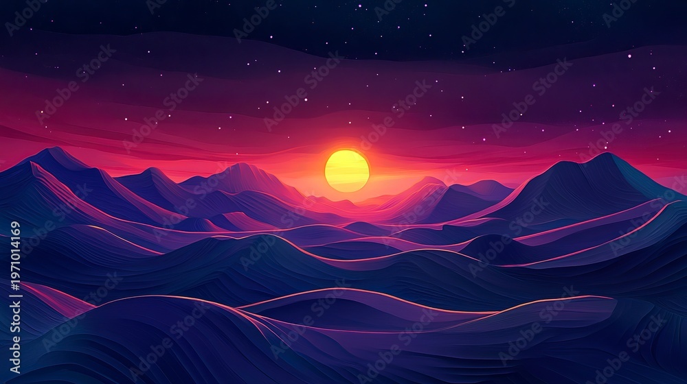 Obraz premium A stunning sunset colors the sky in shades of pink and orange, casting a warm glow over the smooth, rolling mountains. Stars twinkle in the darkening sky, creating a magical scene