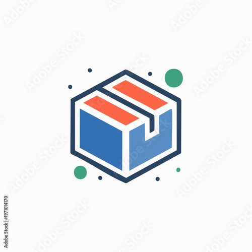 Geometric illustration of a blue and red shipping box icon with small green and blue dots on a white background, representing logistics and delivery services