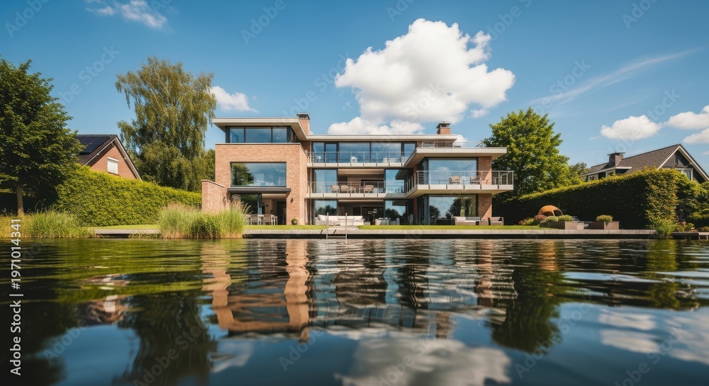 Obraz premium Luxury modern waterfront house with large windows and brick facade, reflected in calm water