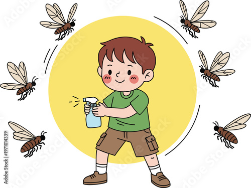 Child using insect repellent spray to protect from mosquitoes pest control prevention vector illustration health safety outdoor protection concept