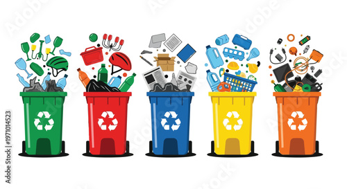 Illustrated guide to different types of recycling bins and their contents