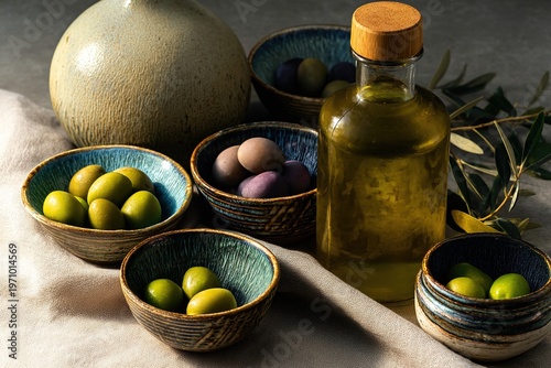 Olives and bottle of olive oil, Mediterranean cuisine and healthy food concept. Ai Generative