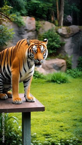 A large orange and black striped tiger stands on an elevated wooden viewing platform within a lush green zoo enclosure, looking out over the grassy landscape with rocks and trees.