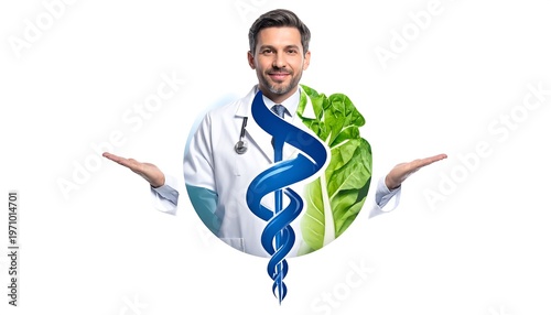 A medical professional presents options healthy greens versus a stylized medical symbol. The scene is isolated