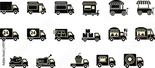 Food truck icon set featuring delivery vans street vendors mobile shops fast food service logistics silhouette vector illustration collection