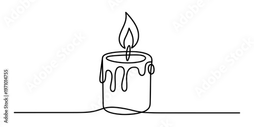 Minimalist continuous line drawing of a lit wax candle with melting drips on a plain background. Vector, illustration
