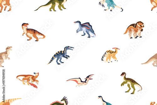 Repeatable pattern of different dinosaurs. Endless background of ancient reptiles, various dinos. Species of herbivorous and carnivorous animals of the Jurassic era. Flat seamless vector illustration