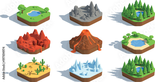 Isometric landscape terrain blocks set with volcano forest and desert biomes